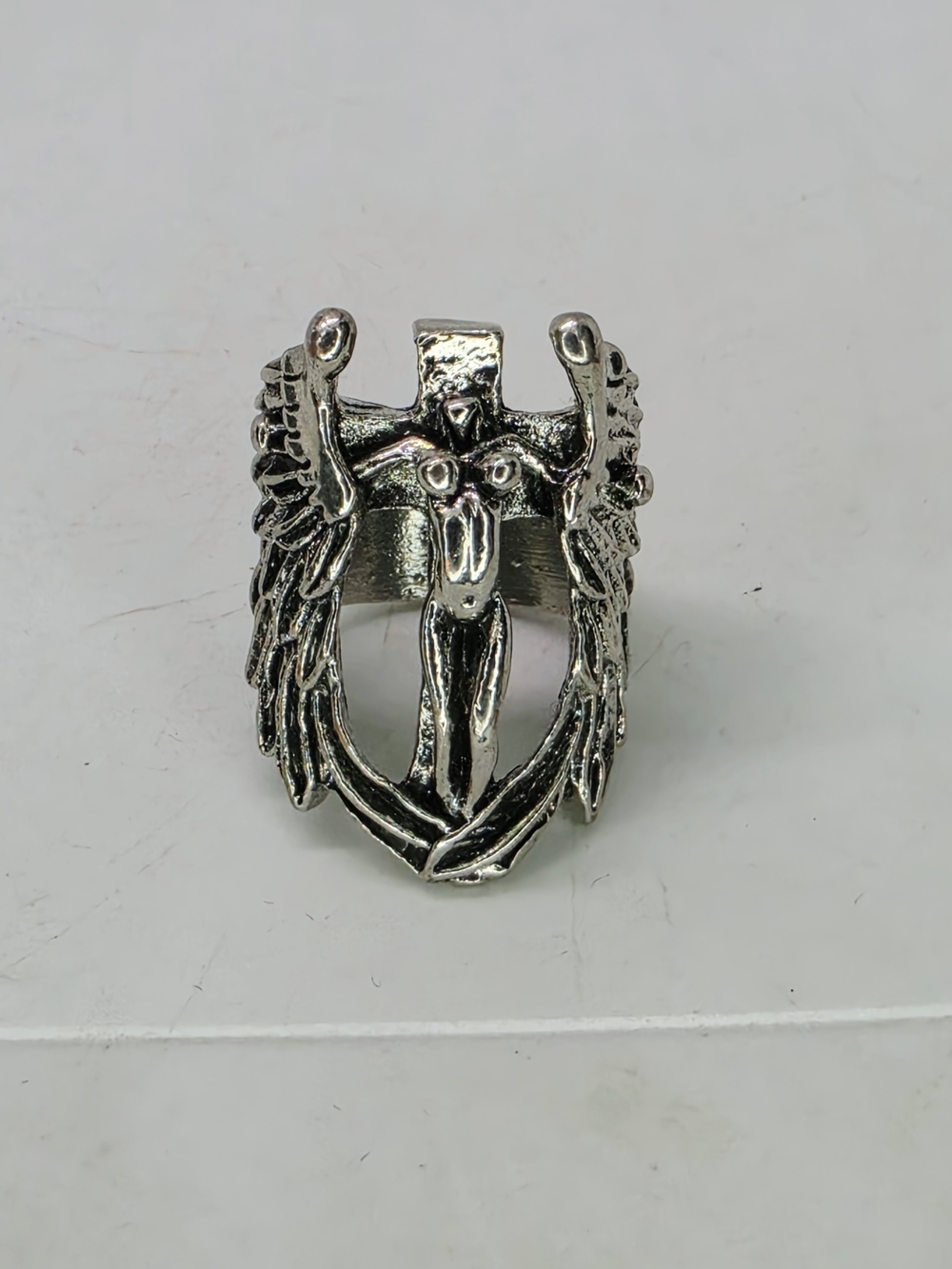 Chunky Cross Crucifix Angel Wings Stainless Steel Motor Biker Ring Silver Goth 7